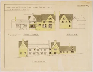 コッツウォルドファームへの追加：南と正面の標高、1925年頃（紙に印刷およびトイレ）